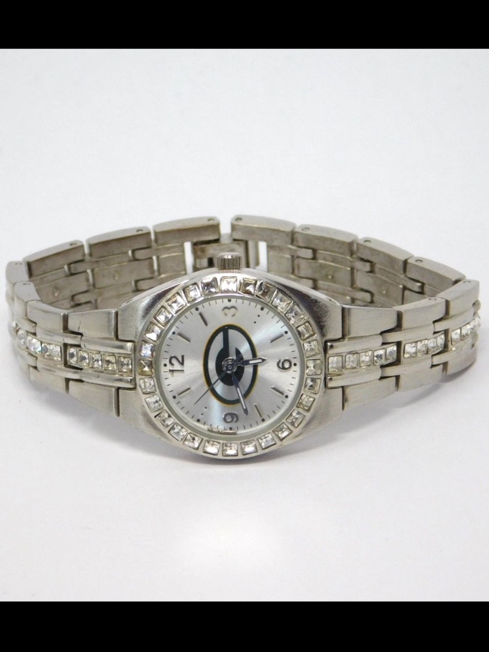 Green Bay Packers Women's Watch Crystals Bezel Band Silver Dial NFL Ladies 6"